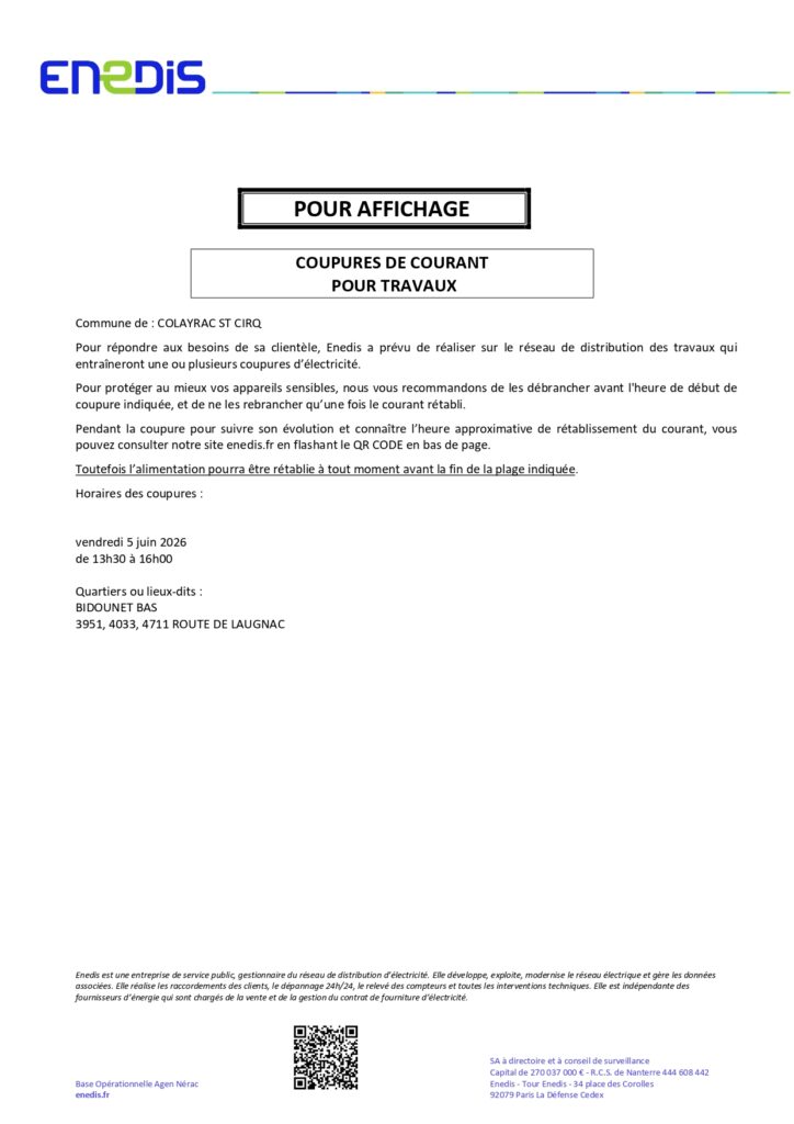 ENEDIS - Coupures de courant pour travaux 